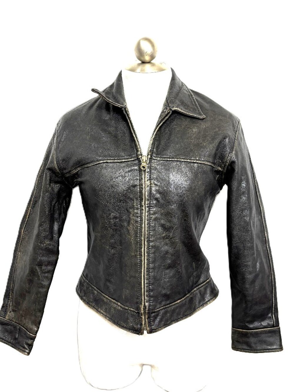 Vtg Andrew Marc Distressed Leather Body Hugging Café Racer Jacket Sz XS